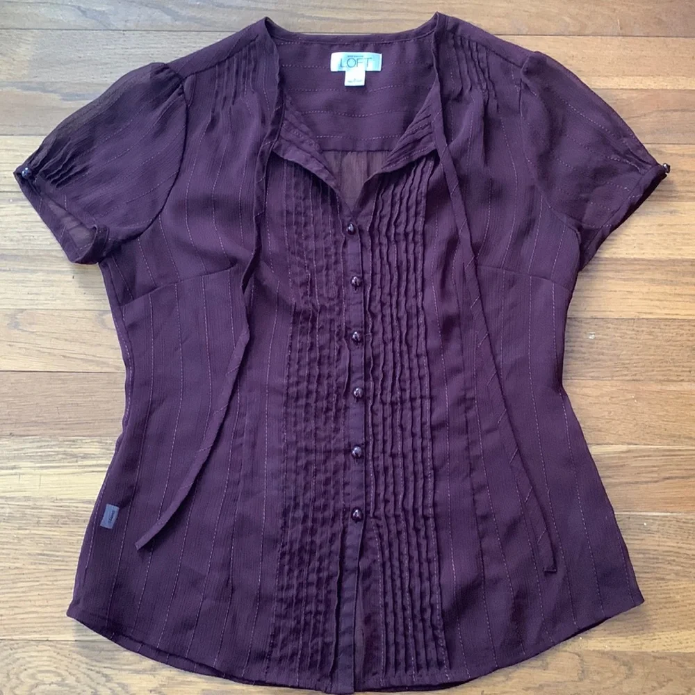 Loft sheer burgundy top with pleated detail. Size 6.